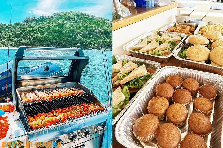 Una imagen dividida que muestra una parrilla de barbacoa en un barco y un bufé de sándwiches y muffins.