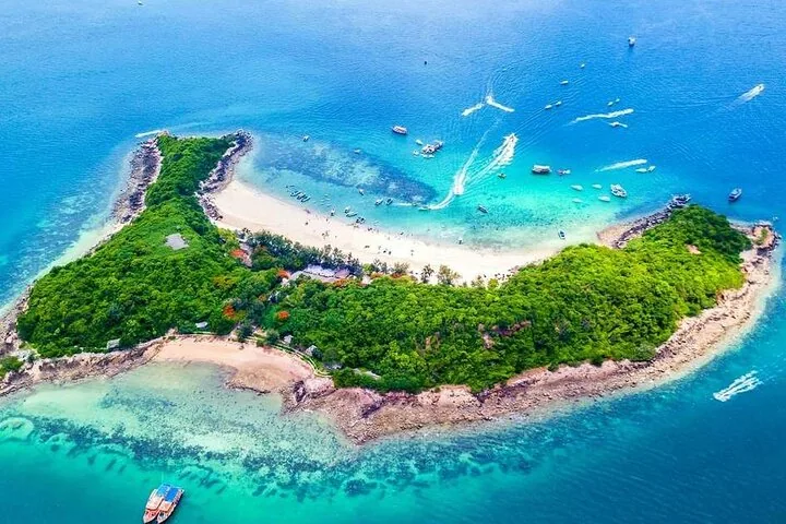 Vue aérienne d’une île verdoyante avec une plage de sable et des bateaux ancrés à proximité